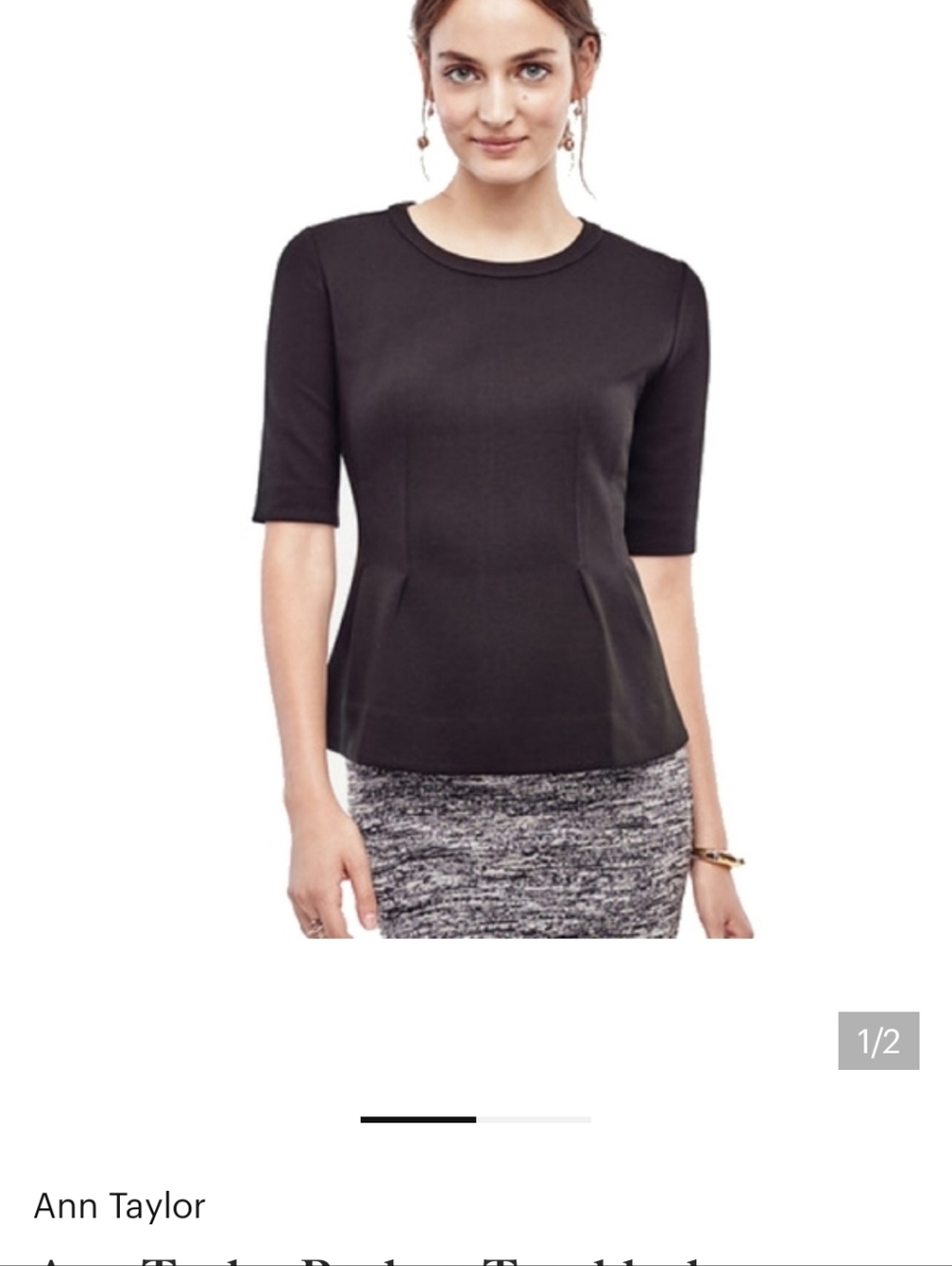 Ann Taylor Factory Black Peplum Top, Size Medium, White Stitching, Zip Back
